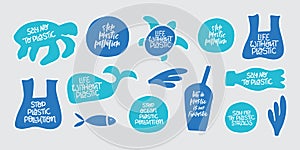 Stop plastic pollution word stickers set. Environment pollution, ecological problem