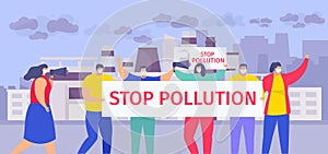 Stop pollution vector illustration, cartoon flat people in face masks holding stop air pollution sign, standing on urban