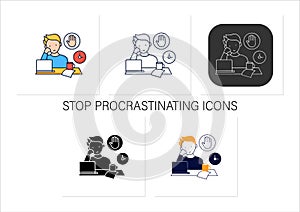 Stop procrastinating icons set