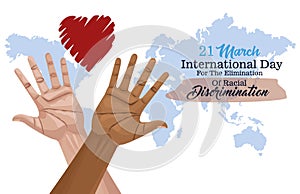 Stop racism international day poster with hands and heart planet