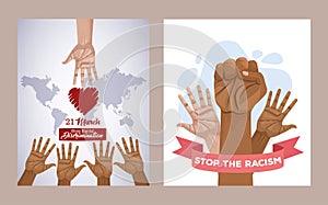 Stop racism international day poster with hands and heart planet