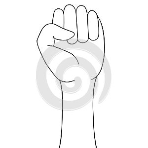 Stop racism. Sketch. Fist raised to the top. Sign of protest. The struggle for rights and justice. Vector illustration. Isolated.