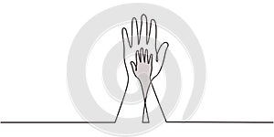 Stop Racism symbol with hand. One continuous line drawing metaphor. Concept of different background culture, gender, and skin