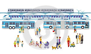 Stop with rapid transit, elevated train and passengers, illustration