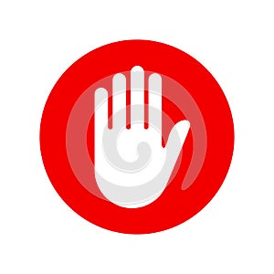 Stop red road sign. Vector isolated illustration. Red vector sign with hand symbol isolated on white background