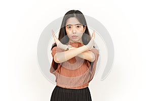 Stop or Rejection Gesture Of Beautiful Asian Woman Isolated On White Background