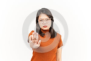 Stop and Rejection Hand Gesture Of Beautiful Asian Woman Isolated On White Background