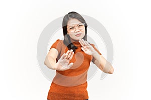 Stop and Rejection Hand Gesture Of Beautiful Asian Woman Isolated On White Background