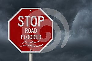 Stop road flooded red USA road sign