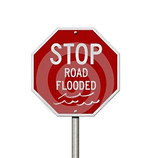 Stop road flooded red USA road sign
