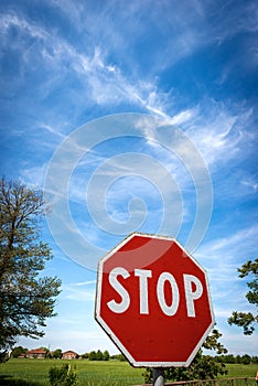 Stop Road Sign on Blue sky with Clouds - Rural Scene Photography