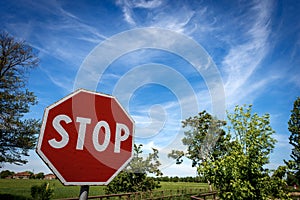 Stop Road Sign on Blue sky with Clouds - Rural Scene Photography