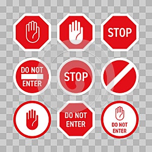 Stop road sign with hand gesture. Vector red do not enter traffic sign. Caution ban symbol direction sign. Warning stop signs photo