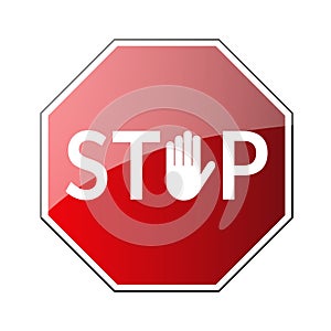 Stop road sign. Prohibited warning icon. Palm in red octagon. Road stop sign with hand isolated on white background