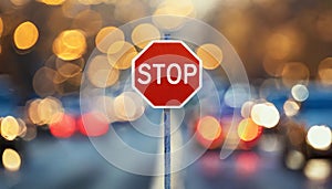 Stop road sign. Red octagon with white lettering. Blurred bokeh on background