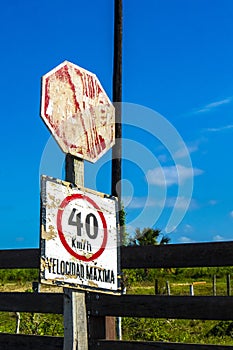 STOP road signs Signposts and information boards in Chiquila Mexico photo
