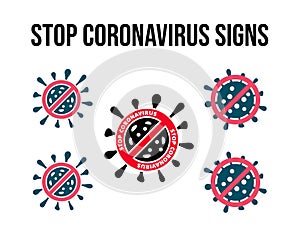 Stop SARS-CoV-2 Omicron Cell Icon, 2019-nCoV, Covid-2019, Coronavirus Bacteria. No Infection and Stop Coronavirus