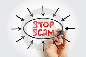 Stop Scam text with arrows, concept for presentations and reports