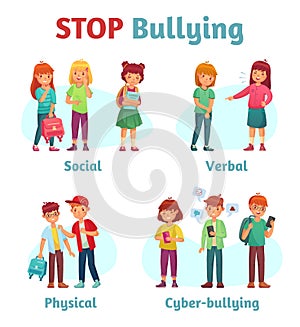 Stop school bullying. Aggressive teen bully, schooler verbal aggression and teenage violence or bullying types vector photo