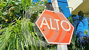 Stop sign Alto in Spanish in Puerto Escondido Mexico