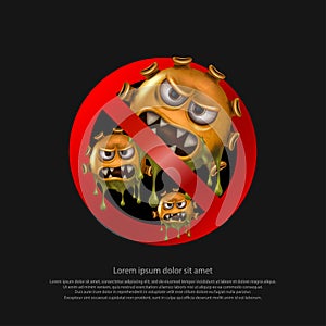 Stop sign. Covid-19 virus cells or corona virus and bacteria close up isolated on black background, vector and illustration