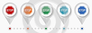 Stop, sign, danger, warning concept vector icons, infographic template easy to edit, set of colorful flat design pointers for