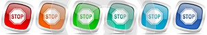Stop, sign, danger, warning vector icon set, modern design, silver metallic glossy colorful web buttons collection