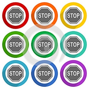 Stop, sign, danger, warning vector icons, set of colorful flat design buttons for webdesign and mobile applications