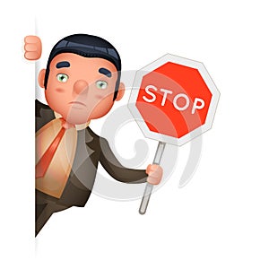 Stop sign hold in hand businessman look out corner cartoon character design isolated vector illustration