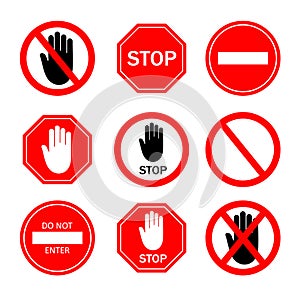 Stop sign. Icon of ban to enter. Red symbol with stop, hand for restricted of traffic. Logo of danger, forbid and attention.