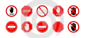 Stop sign. Icon of ban for traffic car on road. Red sign of stop with hand. Symbol of restricted of traffic on street, near school