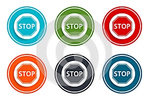 Stop sign icon flat vector illustration design round buttons collection 6 concept colorful frame simple circle set