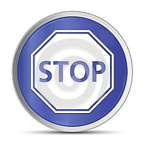 Stop sign icon prime blue round button vector illustration design silver frame push button