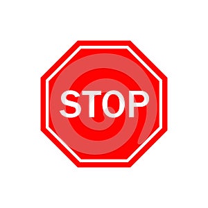 Stop sign. Icon of stop for traffic. Red octagon for road and street. Symbol of warning isolated on white background. Illustration