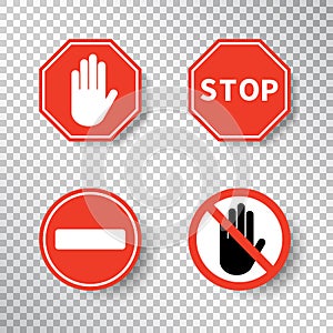 Stop sign and no entry hand symbol set isolated on transparent background. Red road signs. Traffic regulatory warning