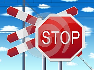 Stop sign at railway crossing and blue sky