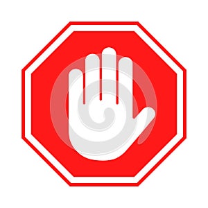 Stop sign. Red forbidding sign with human hand in octagon shape. Stop hand gesture, do not enter, dangerous