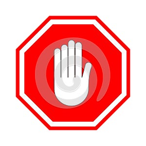 Stop sign. Red prohibitive sign with human hand in the shape of an octagon. Stop the gesture with your hand, do not enter, it is