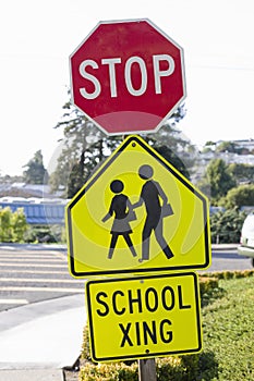 Stop Sign and School Crosswalk Sign