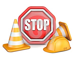 Stop sign, traffic cones and safety helmet 3D