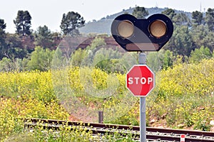 Stop sign with traffic light at a level crossing photo