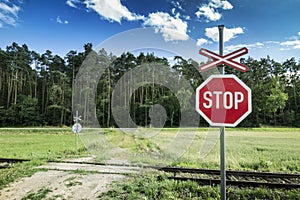 Stop Sign on Unguarded Rail Road. photo
