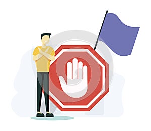 Stop sign vector illustration. Flat tiny prohibition no gesture person concept. Symbolic warning, danger or safety caution