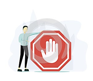 Stop sign vector illustration. Flat tiny prohibition no gesture person concept. Symbolic warning, danger or safety caution