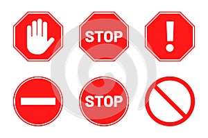 Stop signs collection. Red stop signs in octagon and round shape. Traffic warning and prohibiting icons with hand, text and