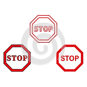 Stop signs set. Red octagonal traffic symbols. Warning stop signs. Safety alert icons. Vector illustration. EPS 10.