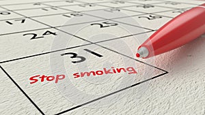 Stop smoking calendar entry pen on paper