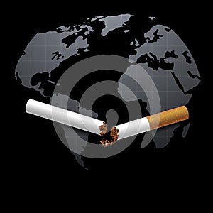 Stop smoking campaign illustration no cigarette for health broken cigarette and world map in black background