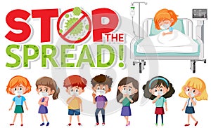 Stop the spead logo with group of teenager and a patient cartoon character