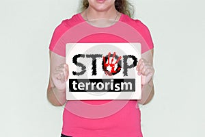 Stop terrorism concept. the girl in red